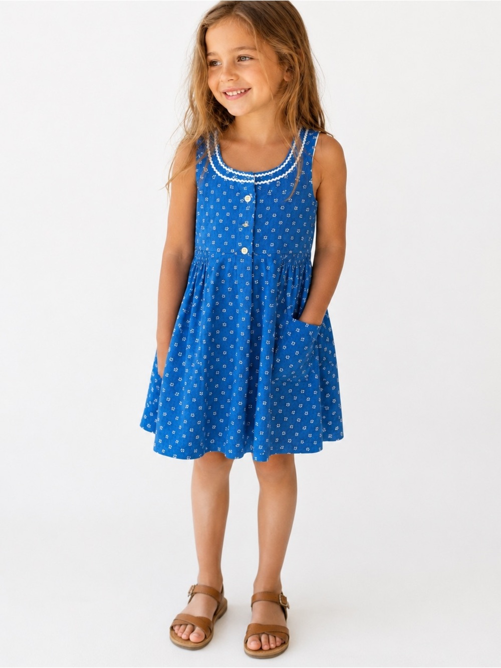 Vintage Pekomo Austria Blue Floral Dress Girls Sz 6/7 (122) Cottagecore Pinafore